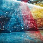 Tableau rempli de formules et de figures géométriques illuminé par des lumières colorées.