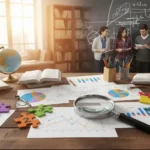 Bureau d'étude en maths : graphiques, loupe, et étudiants devant un tableau d'équations.