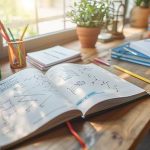 Bureau en bois avec un livre de mathématiques ouvert, des cahiers, des crayons et des plantes près d'une fenêtre lumineuse.