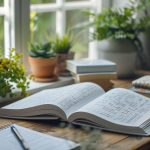 Livre ouvert sur un bureau en bois ensoleillé, avec un carnet et plusieurs plantes vertes près d'une fenêtre.