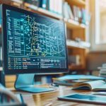 Écran d'ordinateur affichant une analyse de données complexe ou un plan technique, sur un bureau de travail.