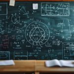 Tableau noir rempli d'équations mathématiques, de diagrammes de géométrie et de symboles scientifiques ou alchimiques complexes.