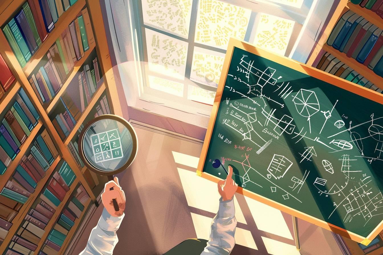 Personne observant un tableau noir rempli de diagrammes et d'équations avec une loupe