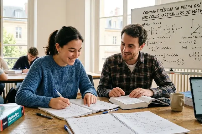 A preparatory-class student during a private math tutoring session, working through competitive examination problems.