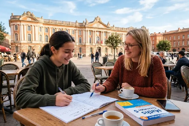 Students attending a private mathematics lesson at a café in Toulouse.