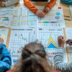 Groupe d'étudiants travaillant ensemble sur des graphiques et des données statistiques, assis autour d'une table avec des documents