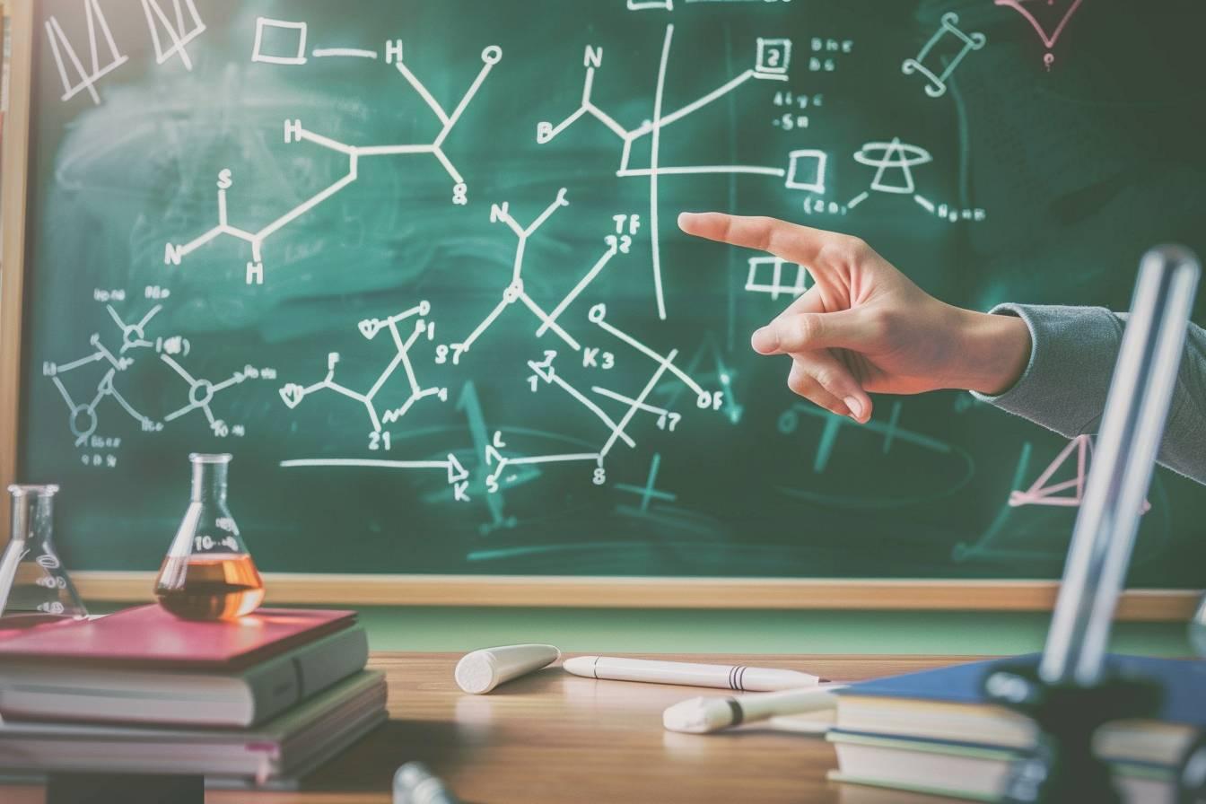 Main pointant des formules chimiques écrites sur un tableau noir, avec des livres et des fioles de laboratoire en avant-plan