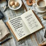 Carnet de notes ouvert avec des exercices de probabilités, posé sur une table en bois rustique accompagnée d'un café.