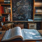 Livre ouvert sur un bureau en bois, face à un tableau noir couvert de schémas scientifiques et techniques complexes dans une bibliothèque.