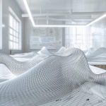 Concept de design ou de simulation 3D, montrant un maillage (mesh) blanc ondulé sur un plan de travail dans un laboratoire moderne.