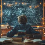 Enfant concentré face à un tableau rempli de formules et de constellations, entouré de livres et de guirlandes lumineuses, illustrant la curiosité scientifique et l’émerveillement face à l’univers.