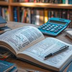 Bureau d’étude avec un livre de droit ouvert sur une page intitulée "Les Astuces", entouré de stylos, calculatrice et manuels, dans une ambiance studieuse au cœur d’une bibliothèque.