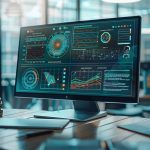 Un écran d’ordinateur avec des graphiques et des données analytiques complexes, affiché dans un bureau moderne, baigné de lumière naturelle