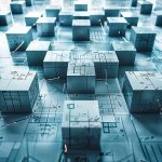 Illustration abstraite de cubes 3D métalliques interconnectés, symbolisant la blockchain, le stockage de données ou une structure modulaire complexe.