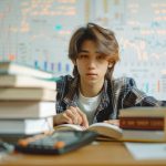 Jeune étudiant entouré de livres et d’une calculatrice, concentré sur son travail devant un tableau rempli de graphiques.