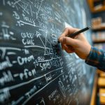 Une main écrit des équations et des diagrammes mathématiques complexes sur un tableau noir