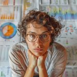 Personne avec des lunettes, l'air submergé ou stressé, la tête entre les mains, devant un mur couvert de graphiques et de rapports d'analyse de données.