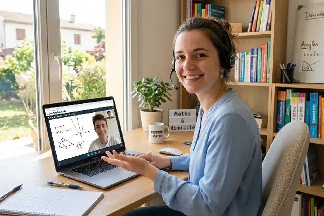 A female mathematics teacher at her desk, conducting an online tutoring session with a student via video call.