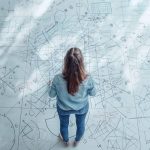 Vue en plongée d'une femme analysant un mur entier couvert de diagrammes techniques, d'équations et de schémas de planification.