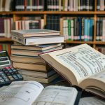 Des livres et une calculatrice posés sur une table dans une bibliothèque