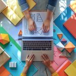 Collaboration étudiante sur un projet de géométrie avec un ordinateur portable.