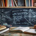 Bureau d'étude avec un livre ouvert et une calculatrice, devant un tableau noir rempli d'équations mathématiques et de diagrammes complexes.