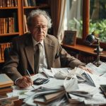 Un homme d'âge mûr, assis à son bureau rempli de papiers, avec un air concentré et pensif